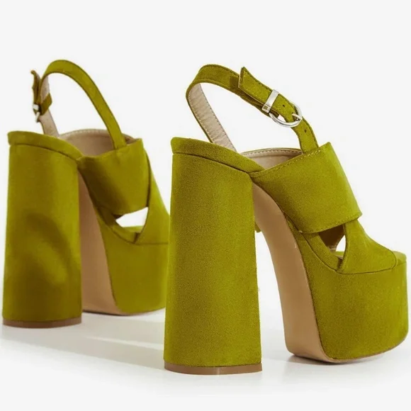 OLIVE PEEP TOE CRISS CROSS STRAPPY PLATFORM HEELS - Picture 2 of 3